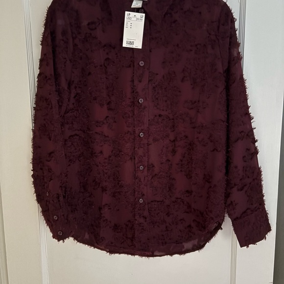 H&M Jacquard Weave Textured Burgundy Button-Up Blouse - Picture 6 of 12